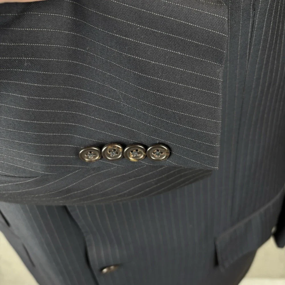 Vtg Polo Ralph Lauren 44R Blazer Navy Pinstripe 3‎ Button Wool Jacket Made Italy
